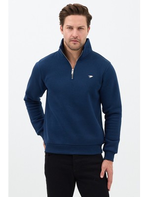 Sparrow Regular Fit Dik Yaka Pamuklu Unisex Yarım Fermuarlı Nakışlı Sweatshirt Lacivert - S