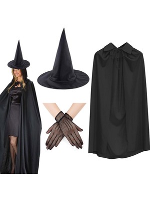 Evimdeyokyok 120 cm Siyah Yakalı Cadı Pelerini Cadı Şapkası ve 1 Çift Siyah Kısa File Tüm Eldiven Seti 3 Parça