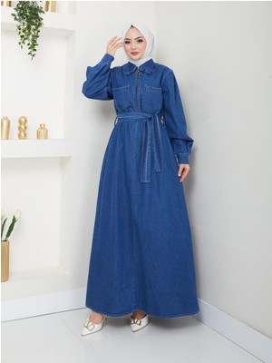 Miraydin Butik Kadın Fermuar Detaylı Tesettür Kot Elbise