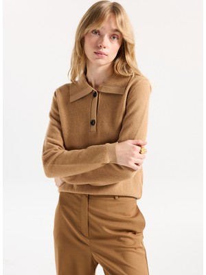 Fabrika Gömlek Yaka Basic Düz Camel Kazak Kadın F5WL-KZK0001