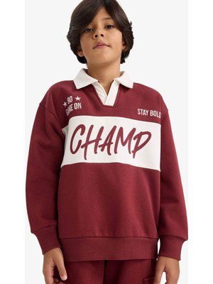 DeFacto Oversize Geniş Kalıp Polo Yaka Baskılı İçi Yumuşak Tüylü Sweatshirt Erkek Çocuk G4384A825WN