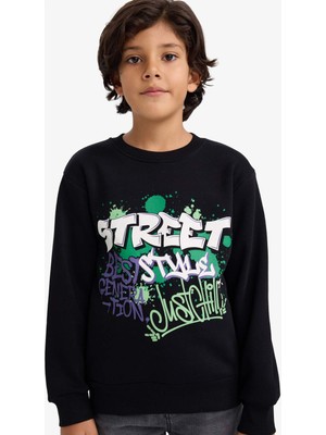 DeFacto Bisiklet Yaka Baskılı İçi Yumuşak Tüylü Sweatshirt Erkek Çocuk G5559A825CW