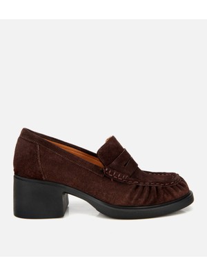 Hotiç Kadın Süet Deri Kahverengi Kalın Topuklu Klasik Loafer
