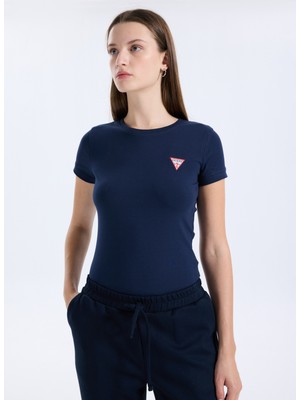 Guess Yuvarlak Yaka Baskılı Mavi Kadın T-Shirt Mini Triangle Kadın Slim Fit T-Shir