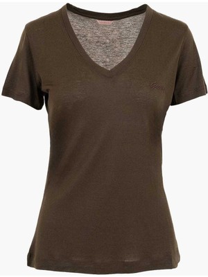 Guess V Yaka Düz Kahve Kadın T-Shirt Vn Ss Light Kadın Top