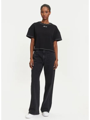 Karl Lagerfeld Yuvarlak Yaka Düz Siyah Kadın T-Shirt A3W17019
