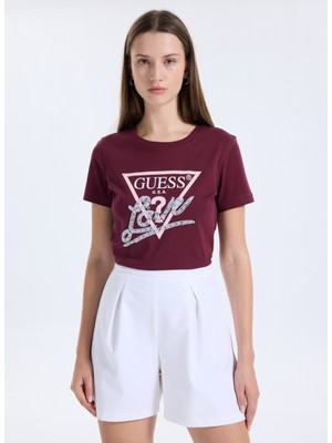Guess Yuvarlak Yaka Baskılı Kırmızı Kadın T-Shirt Pearls Kadın Regular Fit T-Shirt