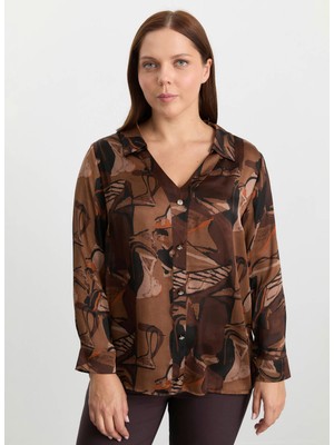 Selen Polo Yaka Emprime Kahve Kadın Bluz 25KSL8200