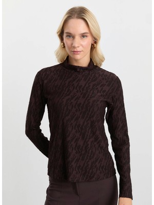 Selen Balıkçı Yaka Baskılı Kahve Kadın Bluz 25KSL8210