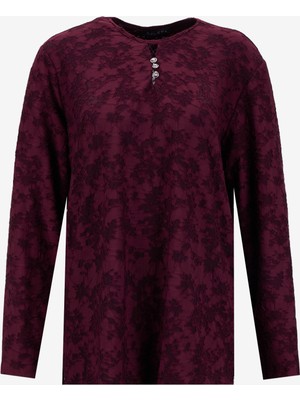 Selen Bisiklet Yaka Desenli Bordo Kadın Bluz 25KSL8209