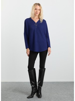 Selen V Yaka Düz Mavi Kadın Bluz 25KSL8219