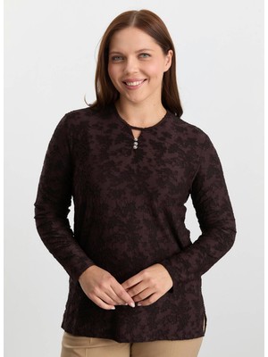 Selen Bisiklet Yaka Desenli Kahve Kadın Bluz 25KSL8209