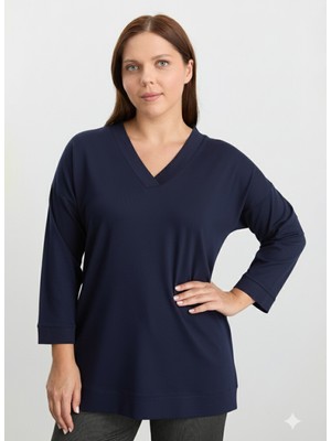 Selen V Yaka Düz Lacivert Kadın Bluz 25KSL8214