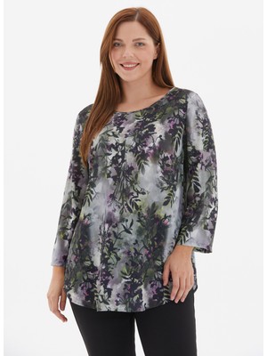 Selen Yuvarlak Yaka Emprime Yeşil Kadın Bluz 25KSL8260