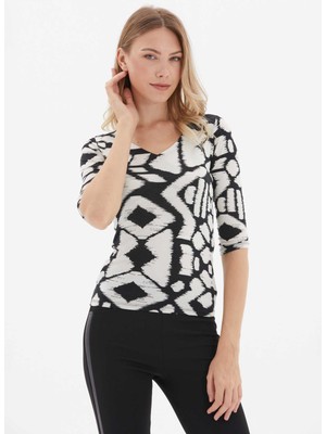 Selen V Yaka Emprime Siyah - Beyaz Kadın Bluz 25KSL8232