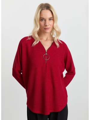 Selen V Yaka Düz Kırmızı Kadın Bluz 25KSL8219