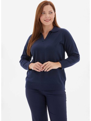 Selen Polo Yaka Düz Lacivert Kadın Bluz 25KSL8238