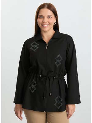 Selen Polo Yaka Taşlı Siyah Kadın Bluz 25KSL8299