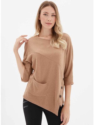 Selen Bisiklet Yaka Düz Bej Kadın Bluz 25KSL8217