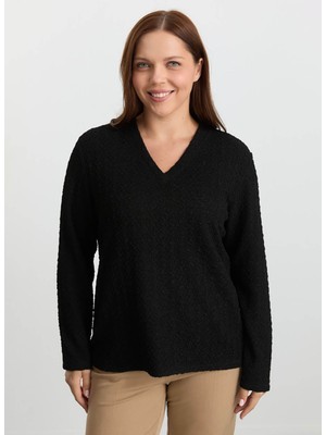 Selen V Yaka Armürlü Siyah Kadın Bluz 25KSL8306