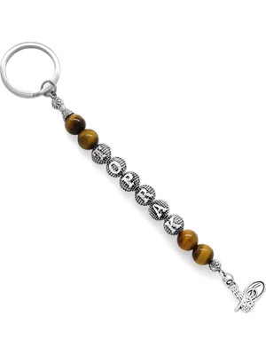 Tesbihname Kararmaz Metal Isme Özel Yazılı Kaplan Gözü Doğaltaş ve Çelik Bileşim Anahtarlık