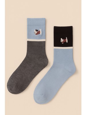 Unisex 2'li Köpek Nakışlı Soket Çorap Mavi Mix