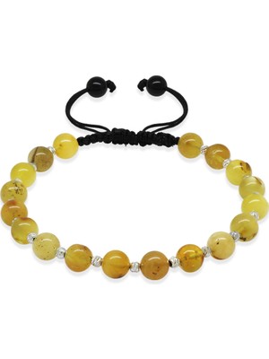 Tesbihname Makrome Örgülü Dorika Top Süslemeli Küre Kesim Sarı Krem Rengi Doğal Damla Kehribar Erkek Bileklik