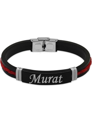 Tesbihname Silikon Kordonlu Siyah Çelik Plakalı Kırmızı Ip Detaylı Isme Özel Veya Harf Yazılı Erkek Bileklik