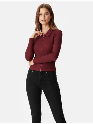 Koton Fermuarlı Slim Fit Gömlek Yaka Kaşkorse Uzun Kollu Tişört