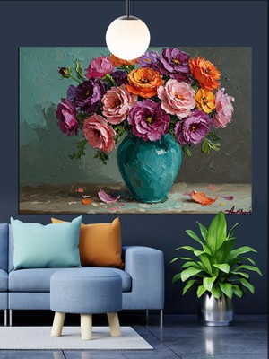 Karizma Tablo Çiçek Dolu Vazo Natürmort Dekoratif Kanvas - Mdf Ahşap Tablo