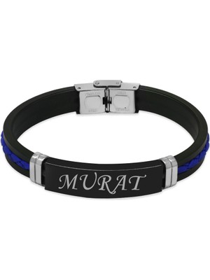 Tesbihname Silikon Kordonlu Siyah Çelik Plakalı Mavi Ip Detaylı Isme Özel Yazılı Erkek Bileklik