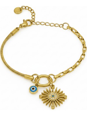 Tesbihname Kadın Çelik Bileklik - Snake Box Zincirli - Güneş Detaylı - Nazar Boncuğu Süslemeli - Altın Renk