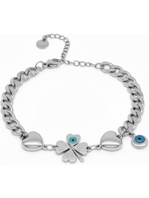 Tesbihname Kadın Çelik Bileklik - Gurmet Model - Yonca Yaprağı Detaylı - Kalp Süslemeli - Gümüş Renk