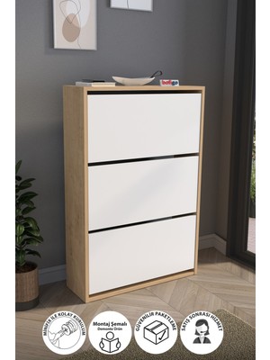 Bofigo Düşer Kapak Ayakkabılık Kayar Raflı Ayakkabılık 3 Bölmeli Ayakkabılık Melek Safir Meşe Beyaz