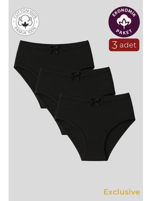 Kompedan Kadın Yüksek Bel Pamuklu Ribana Slip Külot 3'lü Paket – Esnek & Rahat | Siyah K0305