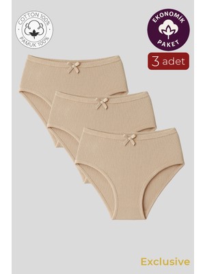 Kompedan Kadın Yüksek Bel Pamuklu Ribana Slip Külot 3'lü Paket – Esnek & Rahat | Ten K0305