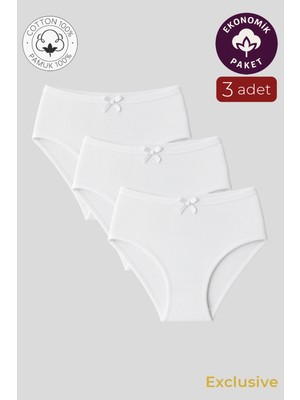 Kompedan Kadın Yüksek Bel Pamuklu Ribana Slip Külot 3'lü Paket – Esnek & Rahat | Beyaz K0305