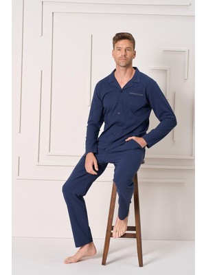 Ower Sleep Erkek Penye Süprem Önden Düğmeli Pijama Takımı | Lacivert 2157