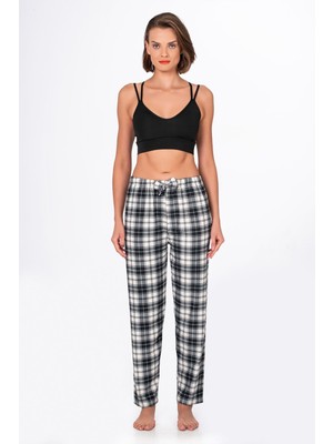 Kompedan Kadın Süet Siyah Kareli Pijama Tek Alt
