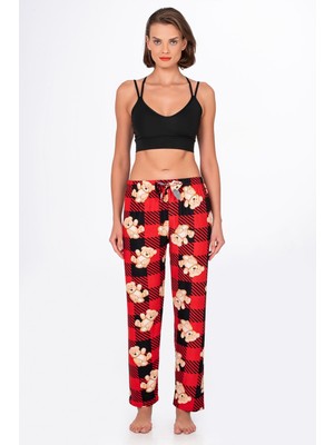 Kompedan Kadın Süet Kırmızı Kareli Ayıcık Desenli Pijama Tek Alt