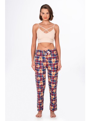 Kompedan Kadın Süet Kareli Ayıcık Desenli Pijama Tek Alt