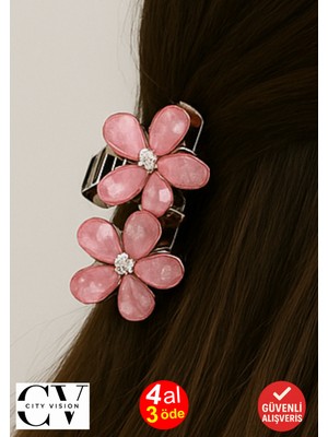 Pembe Taşlı Çiçek Gümüş Detaylı Metal Mandal Toka 4 cm