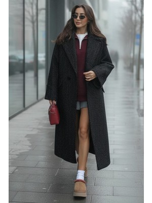 1Tarz Balık Sırtı Desenli Kışlık Astarlı Kadın Kaşmir Uzun Kaban