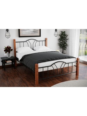 Argimo Pasifik Çift Kişilik Ferforje Ahşap Metal Karyola 140x200 Siyah