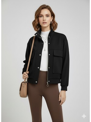 Sortie Collection Siyah Dik Yaka Fermuarlı Çıtçıtlı Kapaklı Cepli Kısa Kadın Modal Bomber Ceket