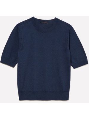 Sisley   Pamuk ve Yün Karışımlı Ribana Yaka Kısa Kollu Kazak