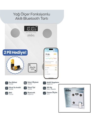 Go İthalat Beyaz Yağ Ölçer Akıllı Bluetooth Cam Baskül Pilli 180KG/50GR 26X26CM 8-Kişi Hafıza LCD Ekran ℃ Gösterge SBS-4472 (5131)