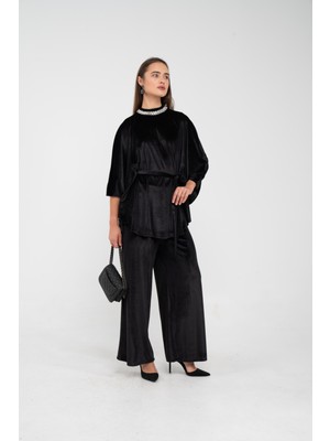 Sasilva Taş Detaylı Kuşaklı Kadife Takım K8049