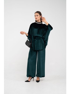 Sasilva Taş Detaylı Kuşaklı Kadife Takım K8049