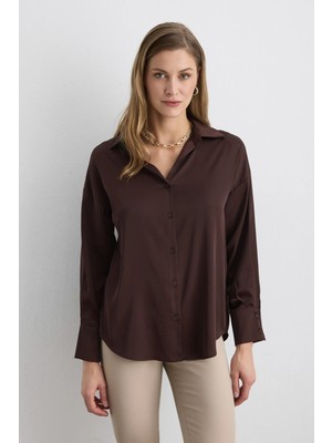 Gusto Rahat Kesim Saten Gömlek - Kahverengi